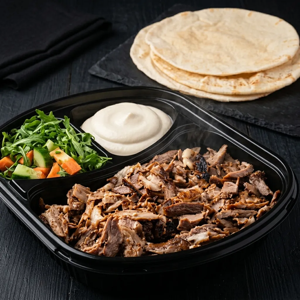 Beef shawarma plate with rice, salad and garlic sauce at Donya Kebab in London, Ontario