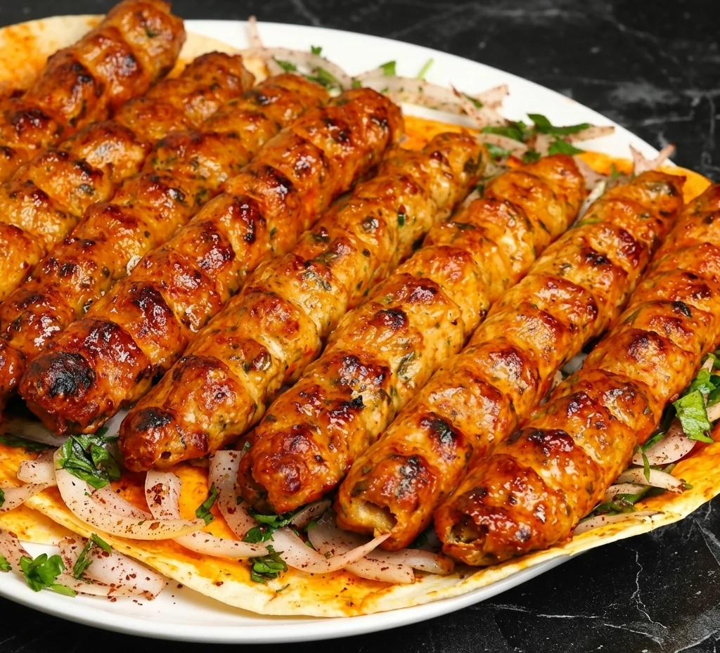 Charcoal grilled chicken kebab skewers with rice and salad at Donya Kebab in London, Ontario